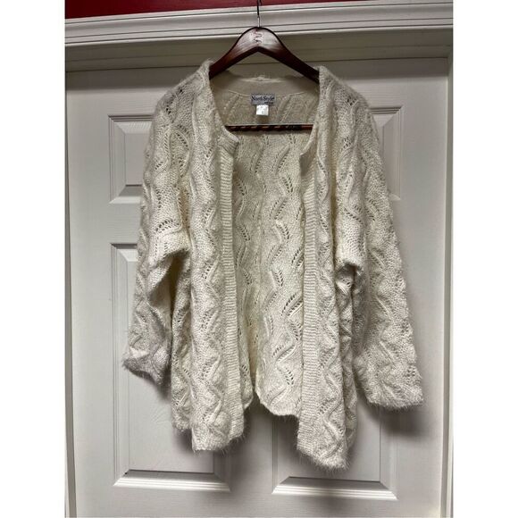 North Style Fuzzy Winter White Crochet Knit Open Front Cardigan Sweater sz 3X EU - Picture 1 of 8